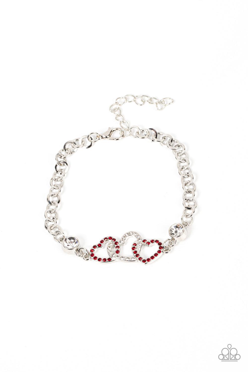 Desirable Dazzle Red and White Rhinestone Heart Bracelet - Paparazzi Accessories- lightbox - CarasShop.com - Paparazzi Jewelry by Cara Jewels