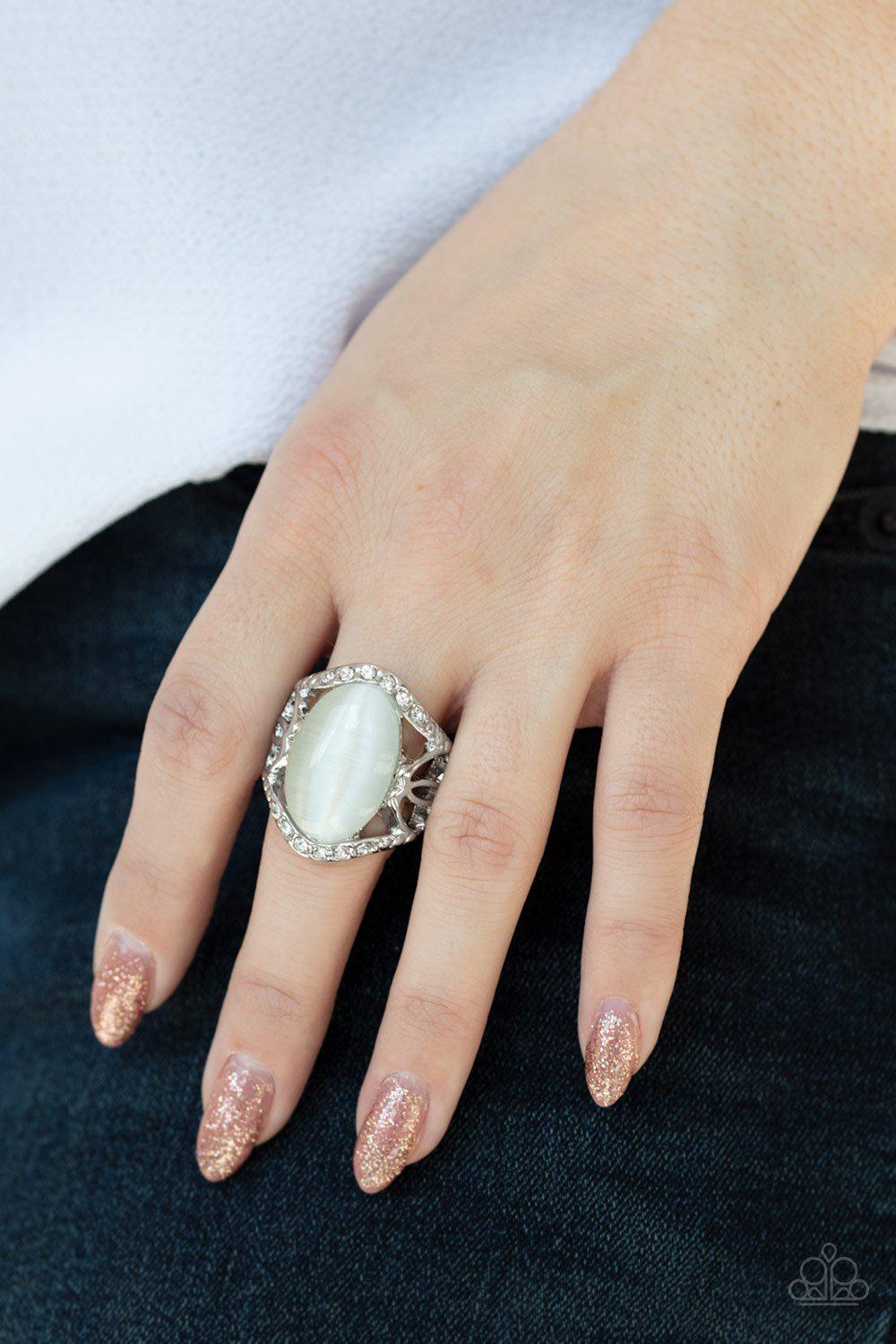 DEW Onto Others White Cat's Eye Stone Ring - Paparazzi Accessories- on model - CarasShop.com - Paparazzi Jewelry by Cara Jewels