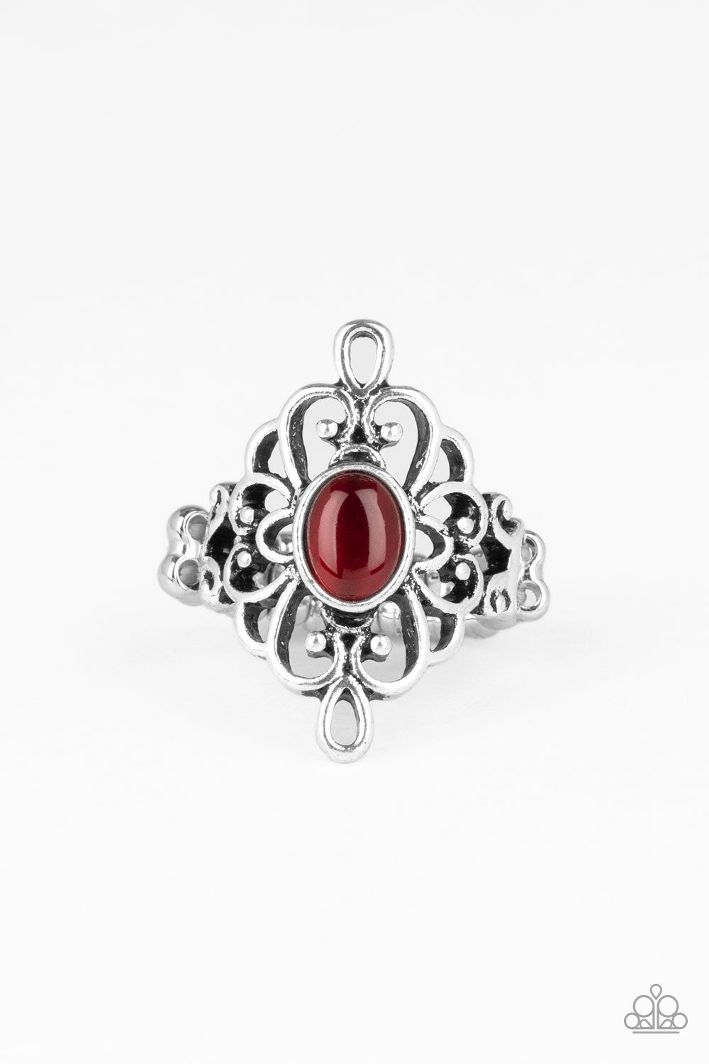 DEW Your Thing Red Cat's Eye and Silver Filigree Ring - Paparazzi Accessories- lightbox - CarasShop.com - Paparazzi Jewelry by Cara Jewels