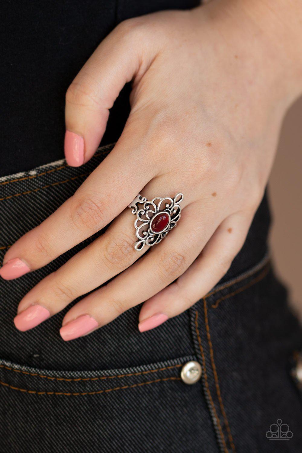 DEW Your Thing Red Cat's Eye and Silver Filigree Ring - Paparazzi Accessories- on model - CarasShop.com - Paparazzi Jewelry by Cara Jewels