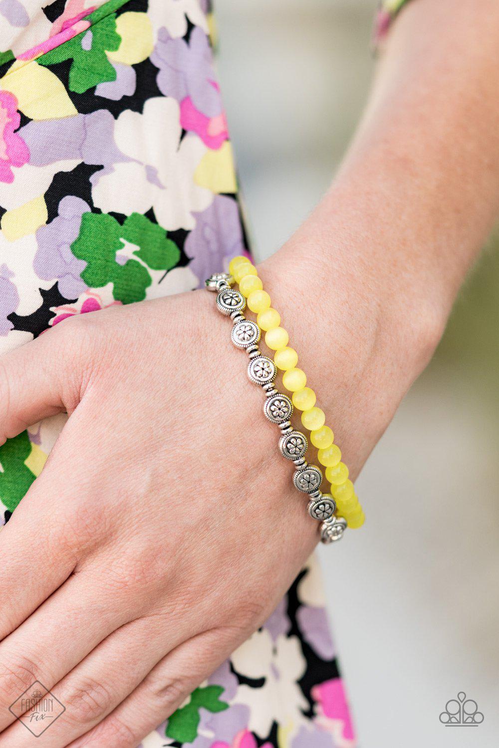 Dewy Dandelions Yellow Cat's Eye Bracelet - Paparazzi Accessories- on model - CarasShop.com - Paparazzi Jewelry by Cara Jewels