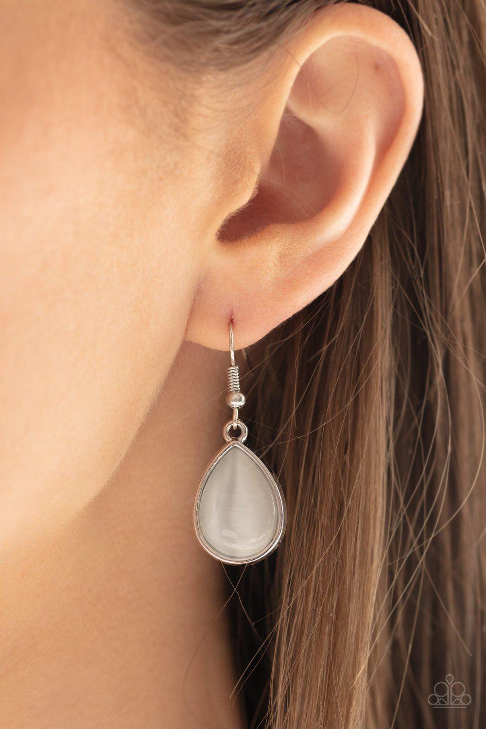 Dewy Decadence White Teardrop Moonstone Necklace - Paparazzi Accessories - free matching earrings -CarasShop.com - Paparazzi Jewelry by Cara Jewels
