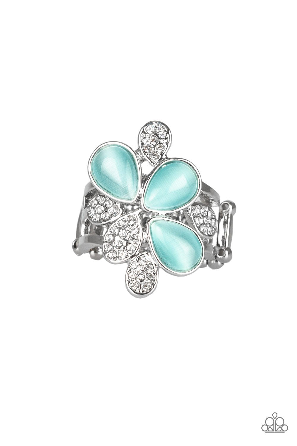 Diamond Daisies Blue Moonstone and White Rhinestone Ring - Paparazzi Accessories- lightbox - CarasShop.com - Paparazzi Jewelry by Cara Jewels