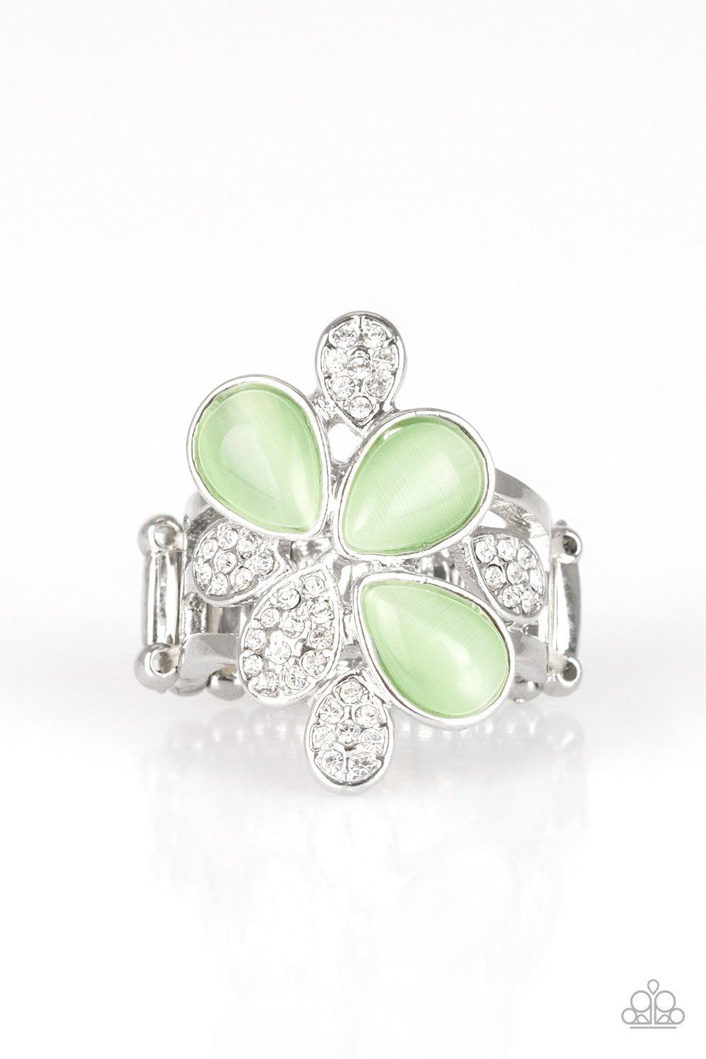 Diamond Daisies Green Moonstone and White Rhinestone Ring - Paparazzi Accessories- lightbox - CarasShop.com - Paparazzi Jewelry by Cara Jewels
