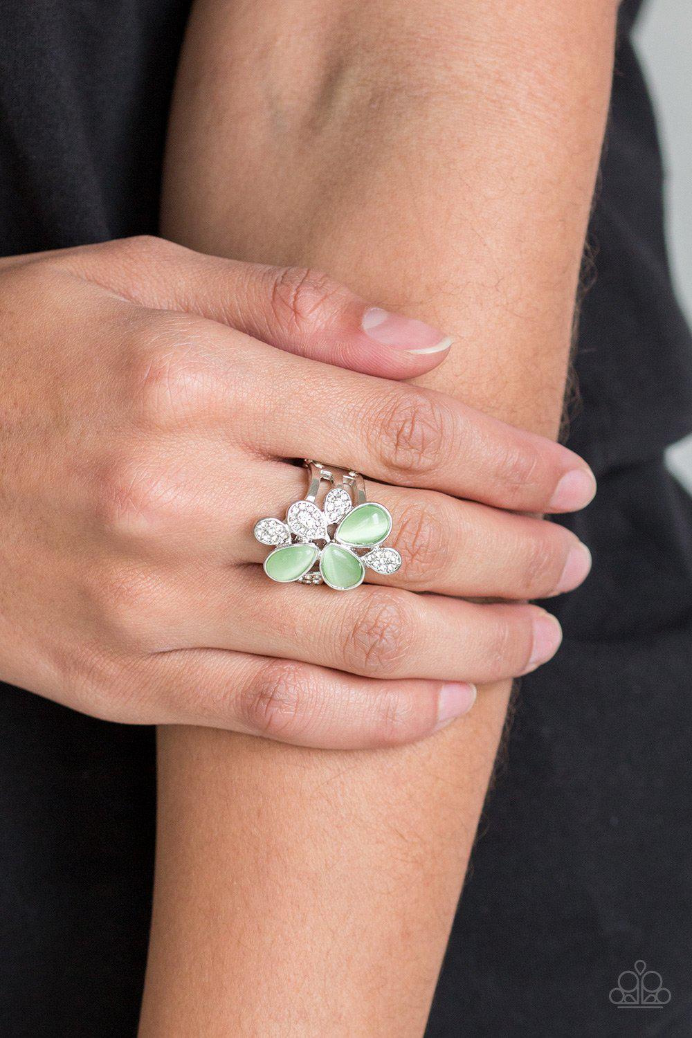 Diamond Daisies Green Moonstone and White Rhinestone Ring - Paparazzi Accessories- on model - CarasShop.com - Paparazzi Jewelry by Cara Jewels