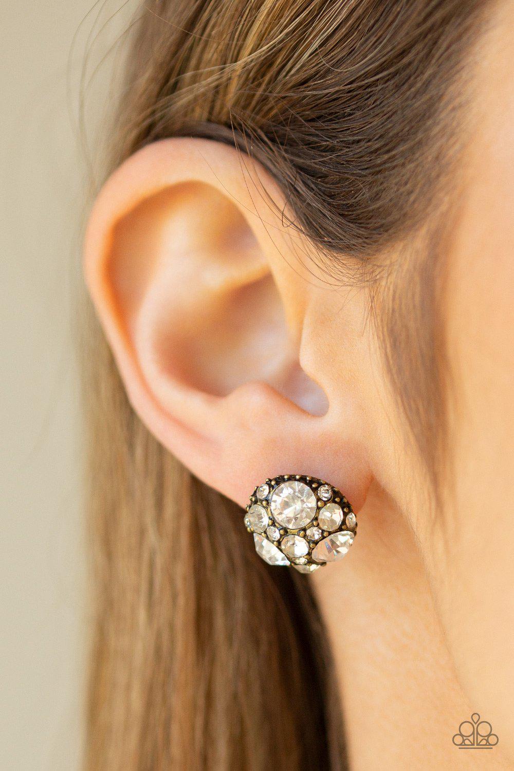 Diamond Daze Brass Post Earrings - Paparazzi Accessories- on model - CarasShop.com - Paparazzi Jewelry by Cara Jewels