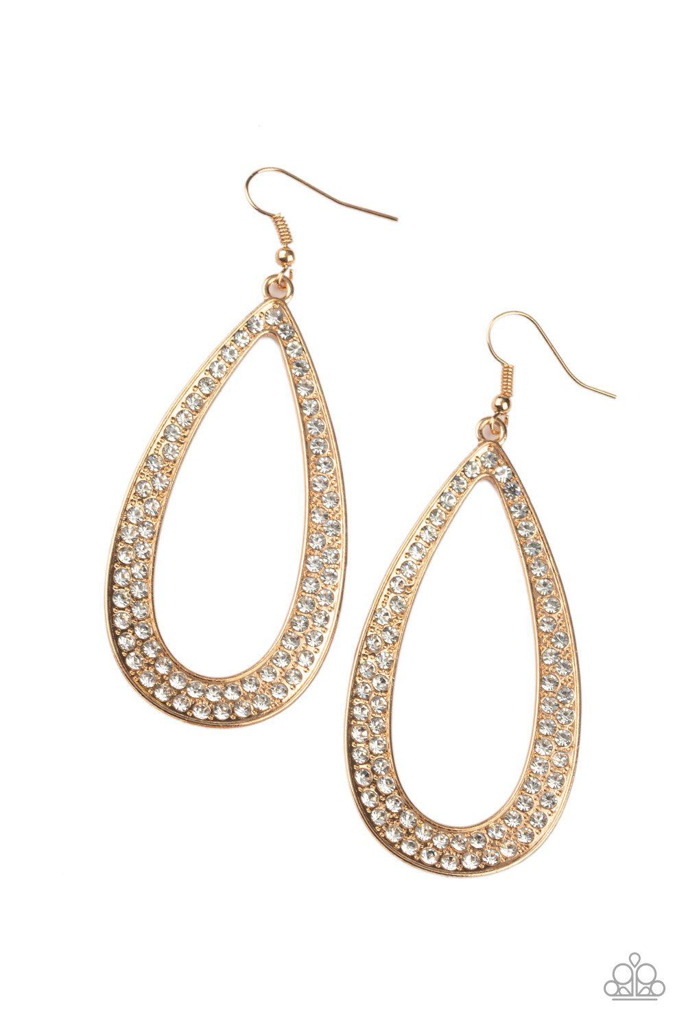 Diamond Distraction Gold and White Rhinestone Teardrop Earrings - Paparazzi Accessories- lightbox - CarasShop.com - Paparazzi Jewelry by Cara Jewels