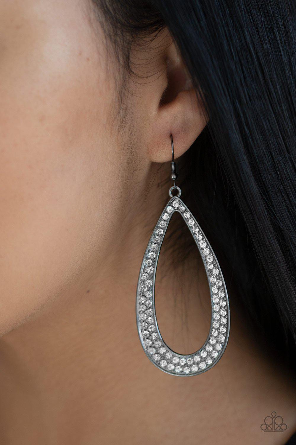 Diamond Distraction Gunmetal Black and White Rhinestone Earrings - Paparazzi Accessories- on model - CarasShop.com - Paparazzi Jewelry by Cara Jewels