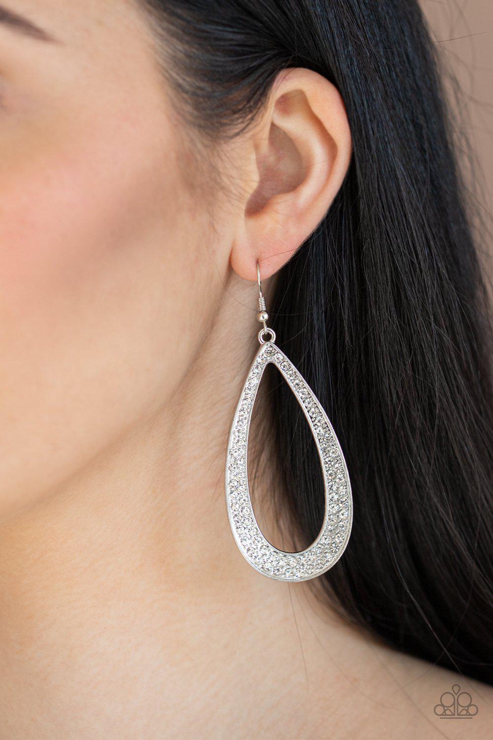Diamond Distraction White Rhinestone Teardrop Earrings - Paparazzi Accessories- on model - CarasShop.com - Paparazzi Jewelry by Cara Jewels