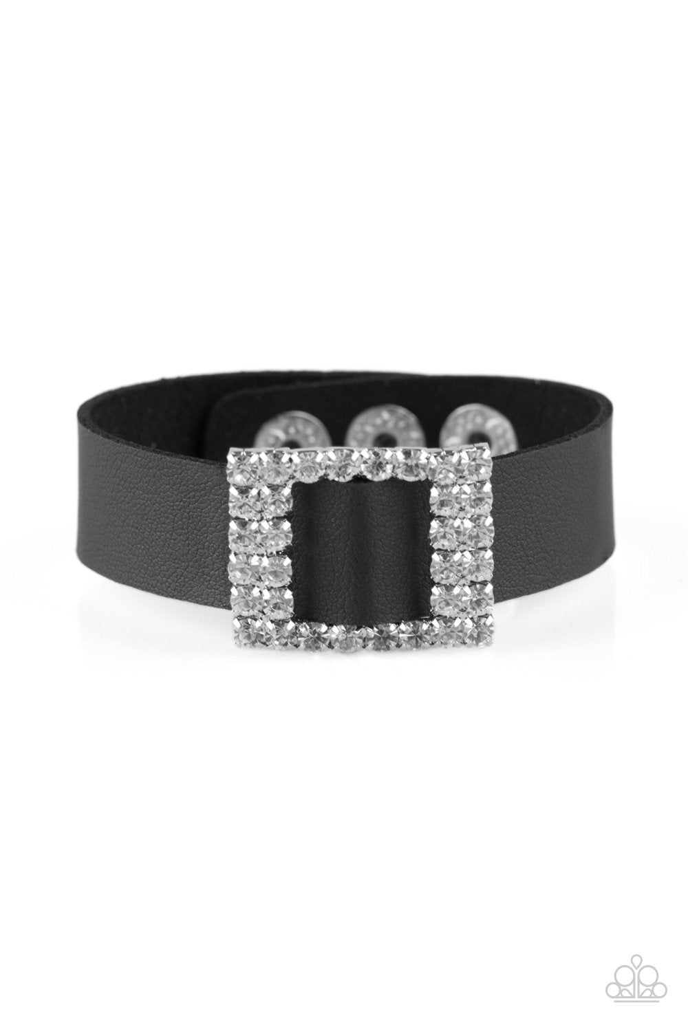 Diamond Diva Black Leather and White Rhinestone Wrap Snap Bracelet - Paparazzi Accessories- lightbox - CarasShop.com - Paparazzi Jewelry by Cara Jewels
