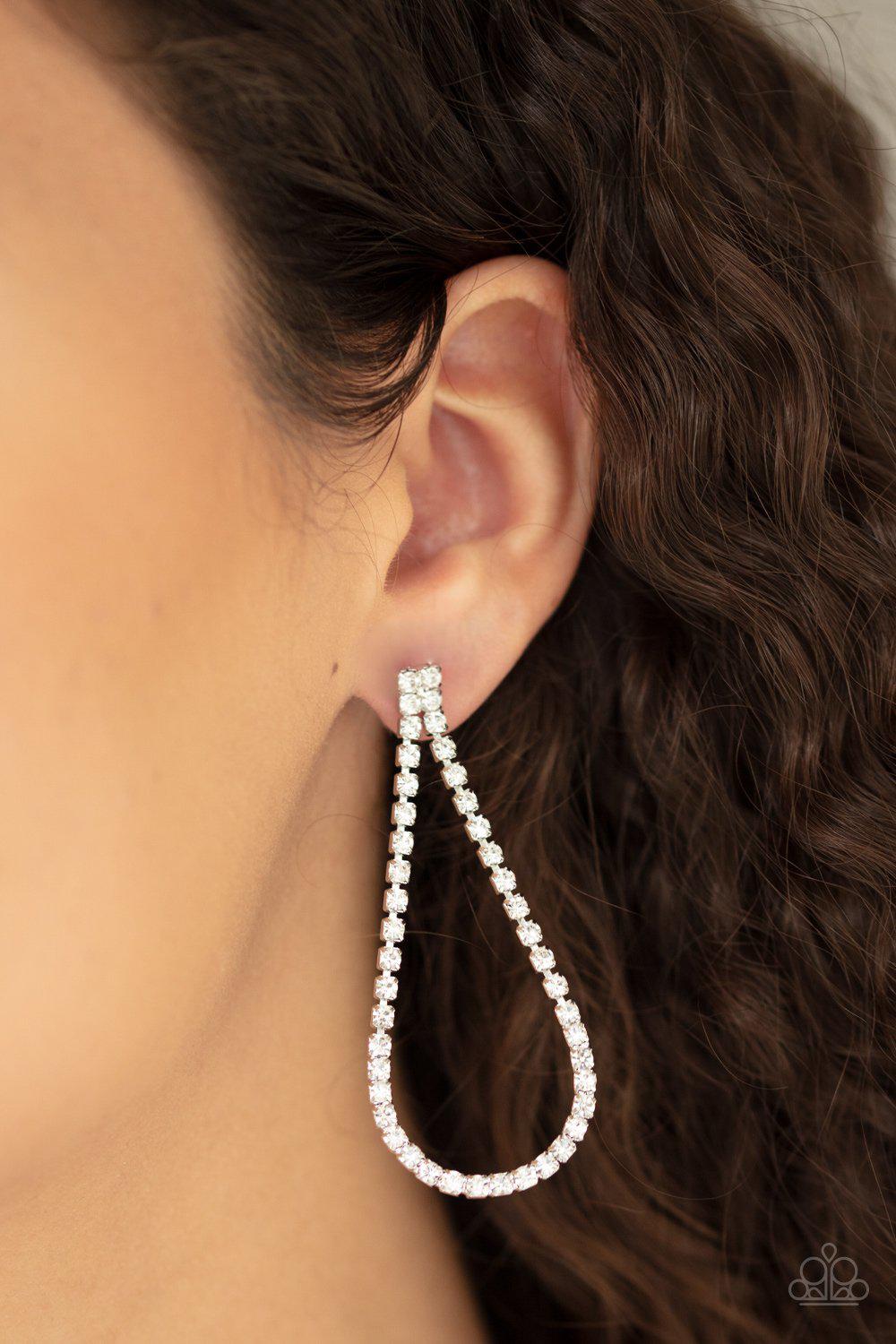 Diamond Drops White Rhinestone Teardrop Post Earrings - Paparazzi Accessories- on model - CarasShop.com - Paparazzi Jewelry by Cara Jewels