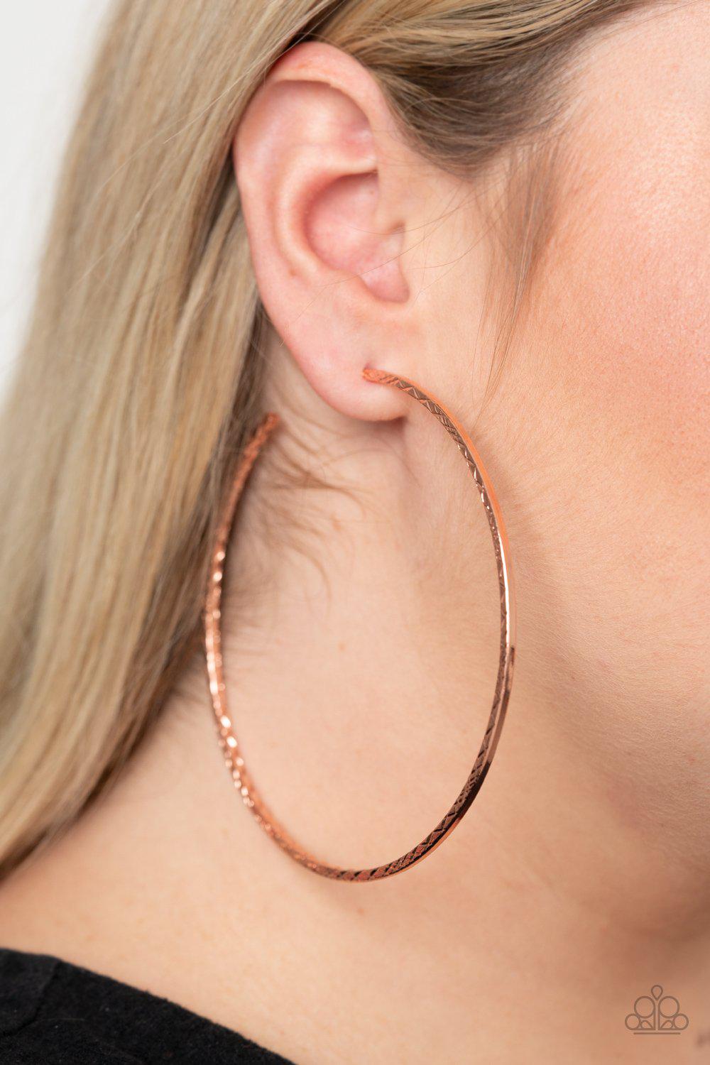 Diamondback Diva Copper Hoop Earrings - Paparazzi Accessories- on model - CarasShop.com - Paparazzi Jewelry by Cara Jewels