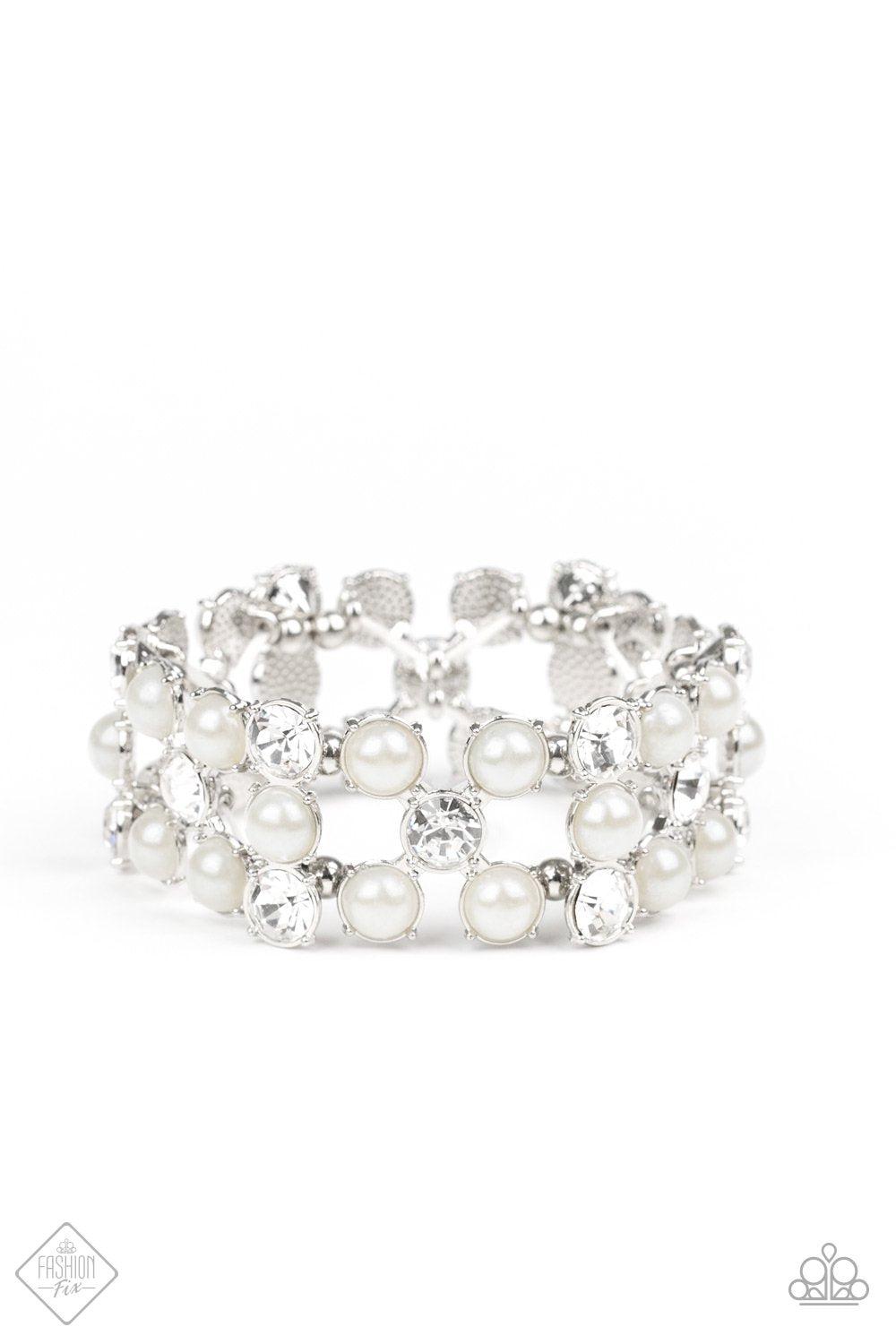 Diamonds and Debutantes White Pearl and Rhinestone Stretch Cuff Bracelet - Paparazzi Accessories- lightbox - CarasShop.com - Paparazzi Jewelry by Cara Jewels