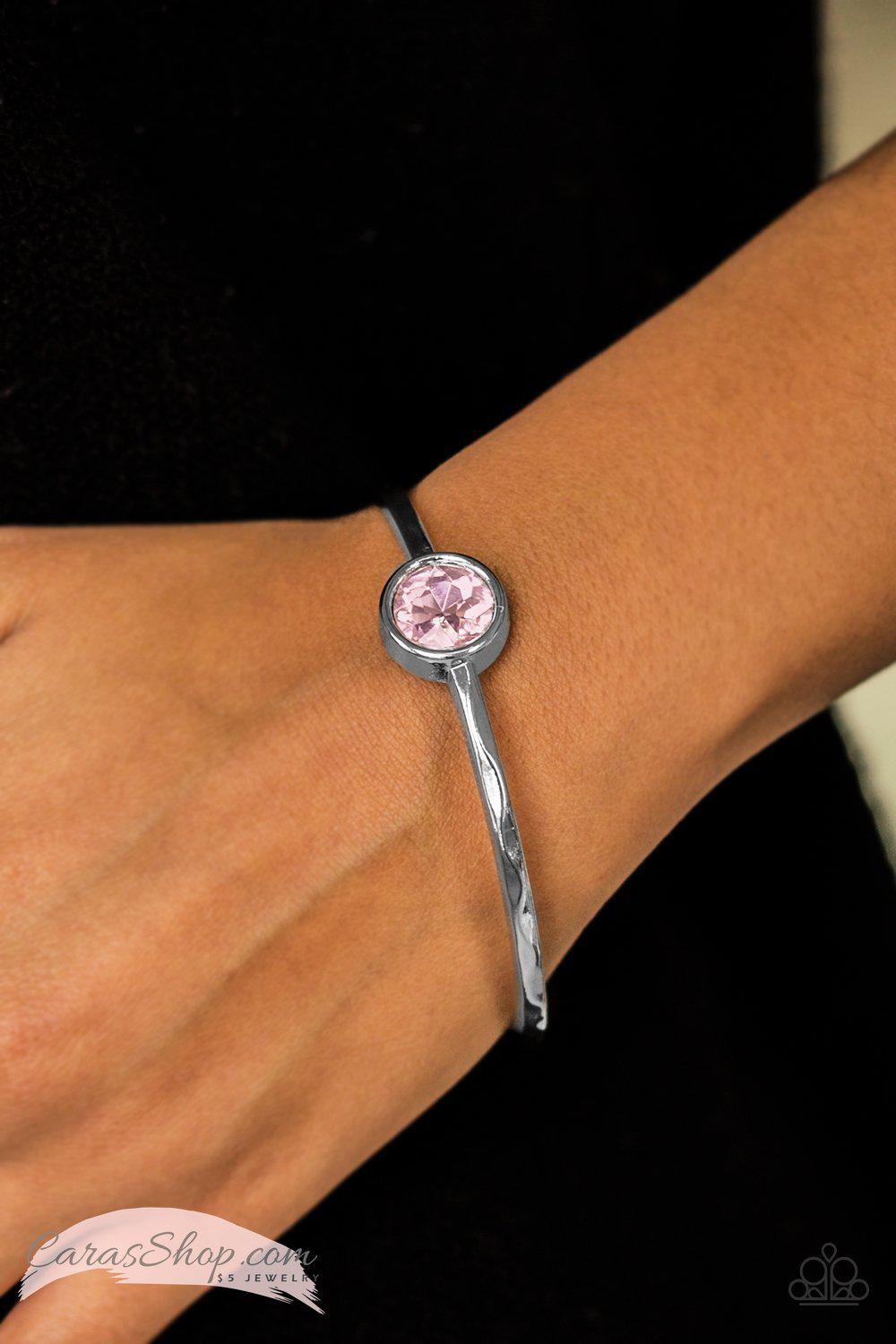 Diamonds For Breakfast Silver and Pink Gem Bangle Bracelet - Paparazzi Accessories- on model - CarasShop.com - Paparazzi Jewelry by Cara Jewels