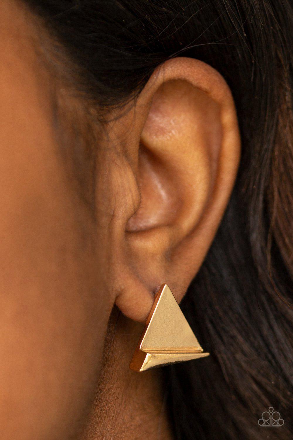 Die TRI-ing Gold Post Earrings - Paparazzi Accessories- on model - CarasShop.com - Paparazzi Jewelry by Cara Jewels