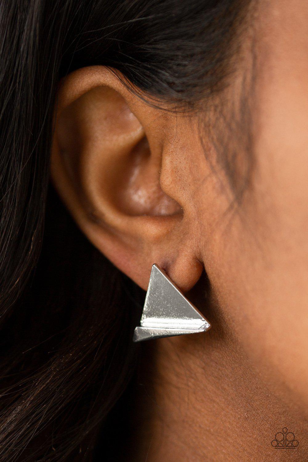 Die TRI-ing Silver Post Earrings - Paparazzi Accessories- on model - CarasShop.com - Paparazzi Jewelry by Cara Jewels