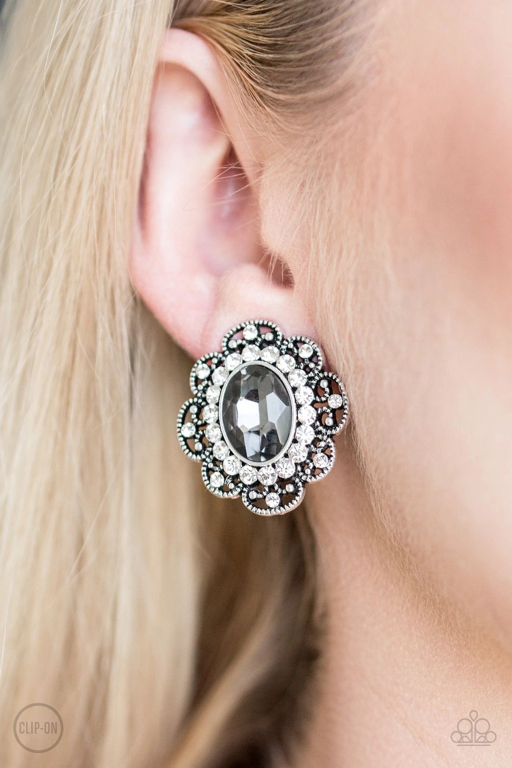 Dine and Dapper Silver Clip On Earrings - Paparazzi Accessories- on model - CarasShop.com - Paparazzi Jewelry by Cara Jewels