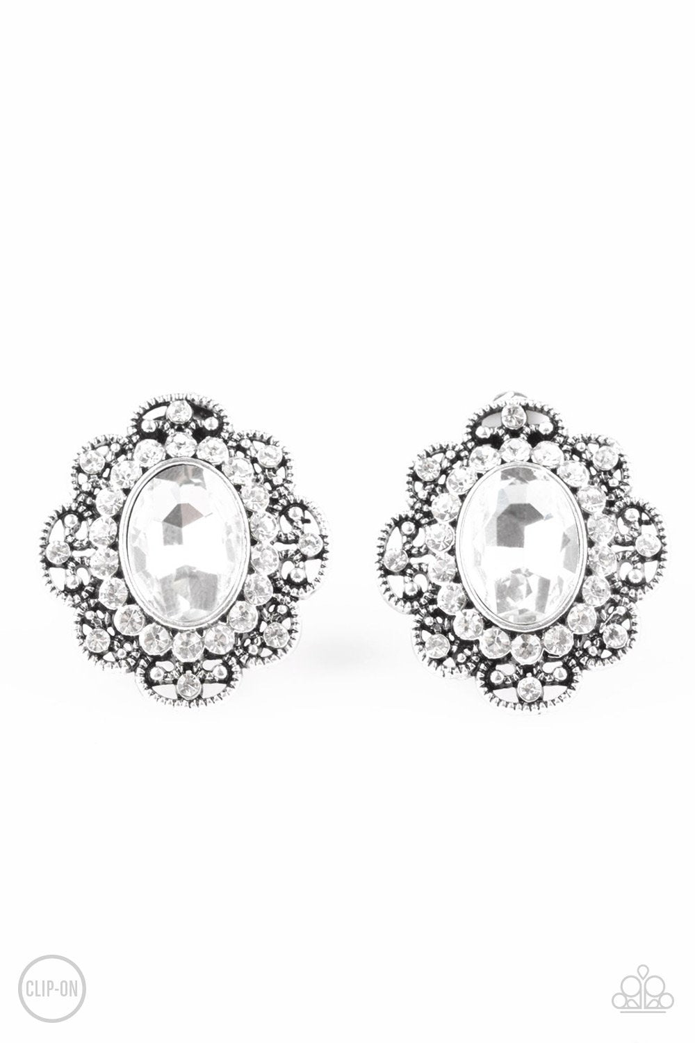 Dine and Dapper White Clip On Earrings - Paparazzi Accessories- lightbox - CarasShop.com - Paparazzi Jewelry by Cara Jewels