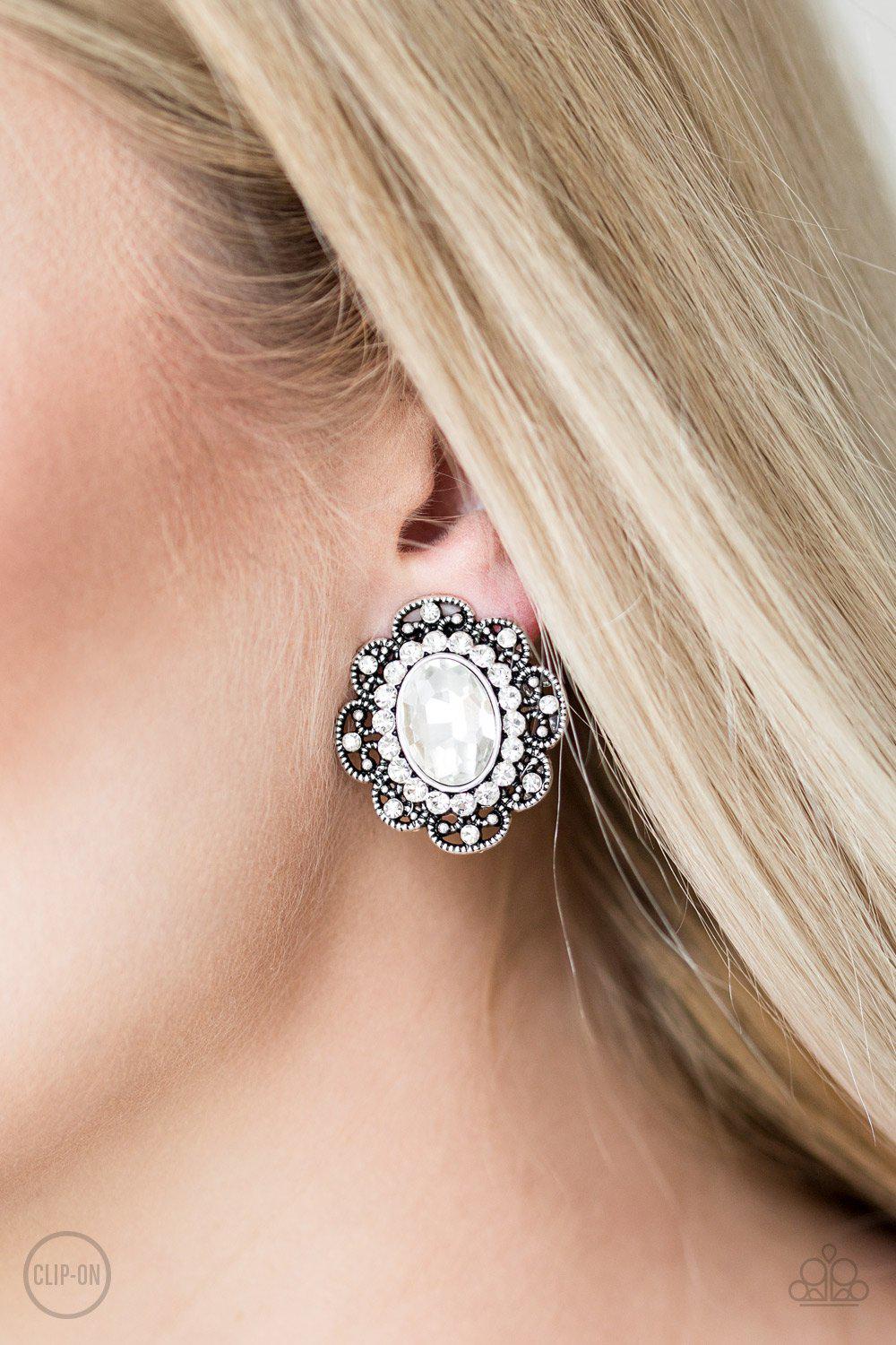 Dine and Dapper White Clip On Earrings - Paparazzi Accessories- on model - CarasShop.com - Paparazzi Jewelry by Cara Jewels