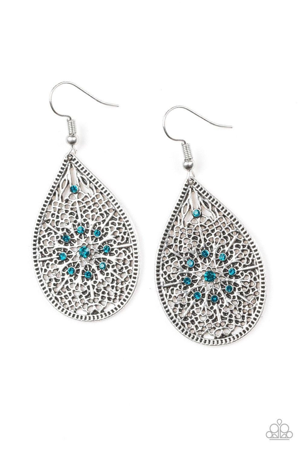 Dinner Party Posh Blue Rhinestone and Silver Filigree Earrings - Paparazzi Accessories- lightbox - CarasShop.com - Paparazzi Jewelry by Cara Jewels