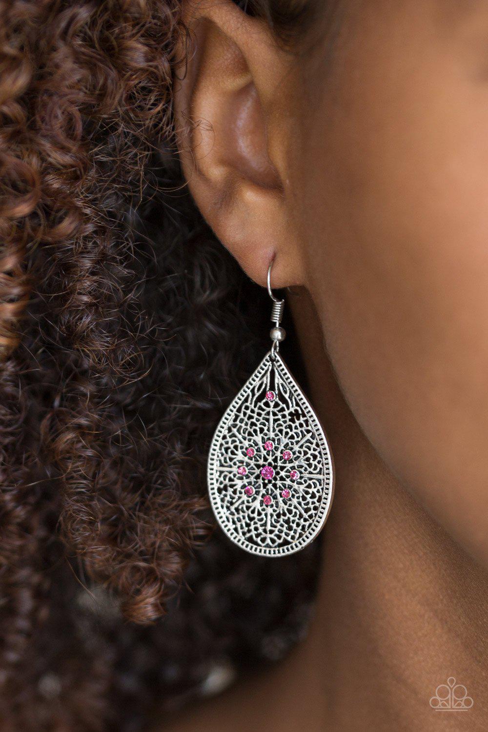 Dinner Party Posh Pink and Silver Earrings - Paparazzi Accessories- on model - CarasShop.com - Paparazzi Jewelry by Cara Jewels