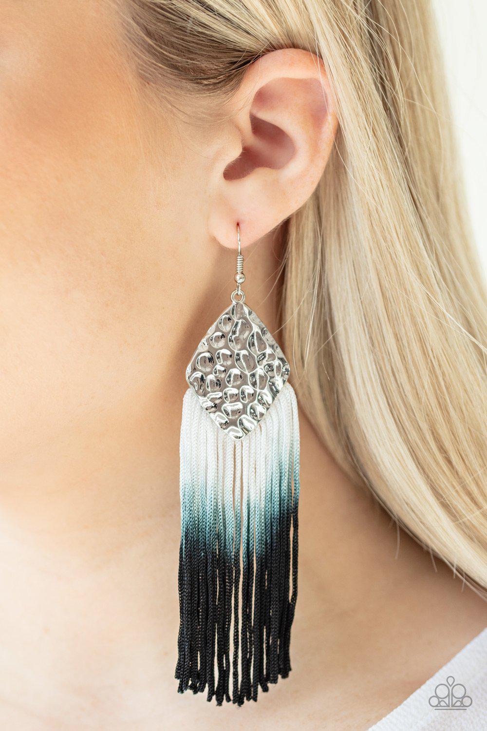 Dip In Black and Silver Ombre Tassel Earrings - Paparazzi Accessories- on model - CarasShop.com - Paparazzi Jewelry by Cara Jewels