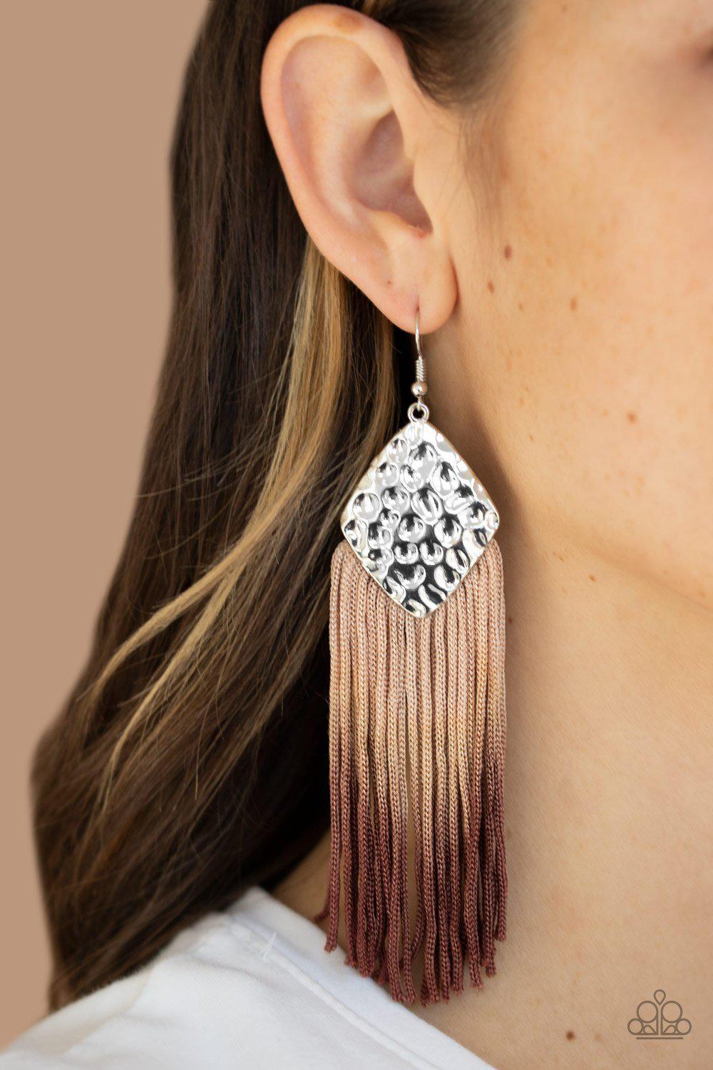 Dip In Brown and Silver Ombre Tassel Earrings - Paparazzi Accessories- on model - CarasShop.com - Paparazzi Jewelry by Cara Jewels