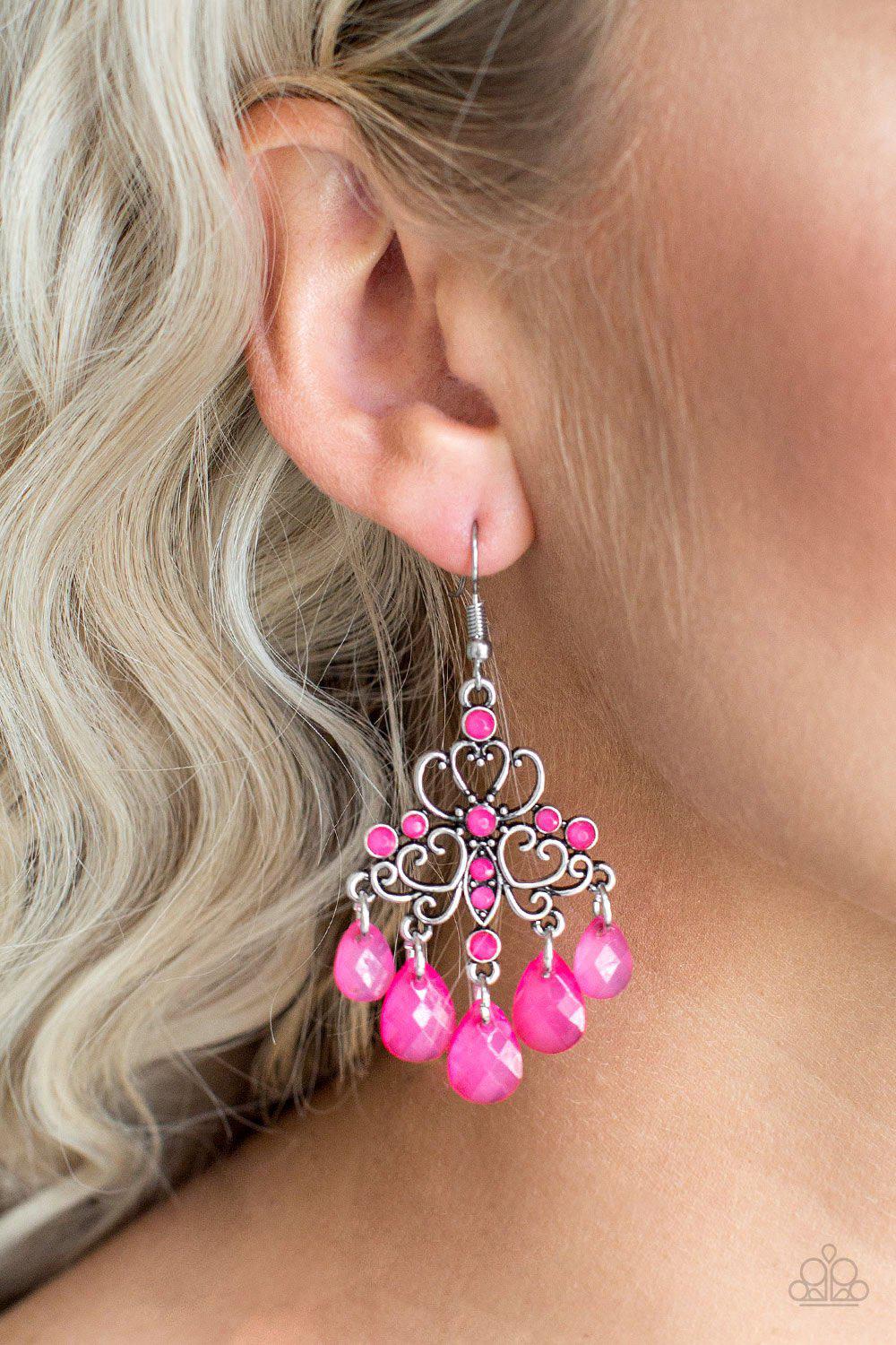 Dip It Glow Pink Earrings - Paparazzi Accessories- on model - CarasShop.com - Paparazzi Jewelry by Cara Jewels