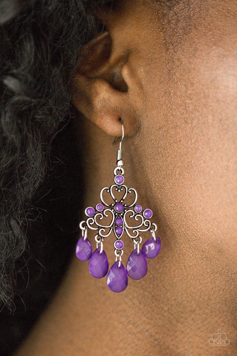Dip It Glow Purple Earrings - Paparazzi Accessories- on model - CarasShop.com - Paparazzi Jewelry by Cara Jewels