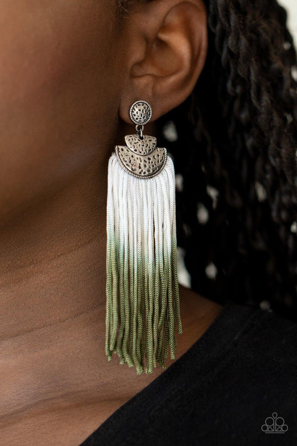 DIP It Up Green and White Ombre Fringe Earrings - Paparazzi Accessories- on model - CarasShop.com - Paparazzi Jewelry by Cara Jewels