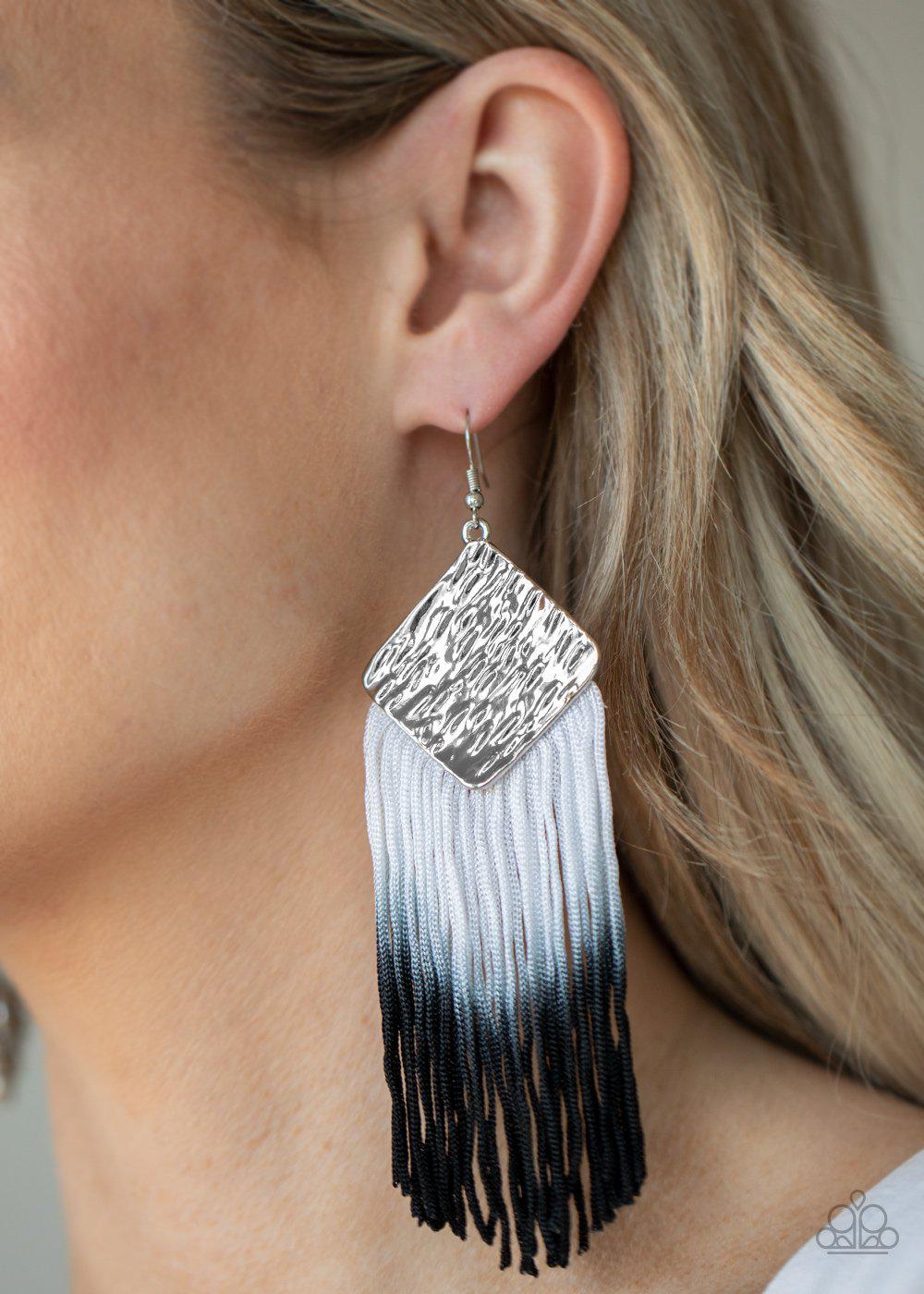 DIP The Scales Black and Silver Ombre Tassel Earrings - Paparazzi Accessories- on model - CarasShop.com - Paparazzi Jewelry by Cara Jewels