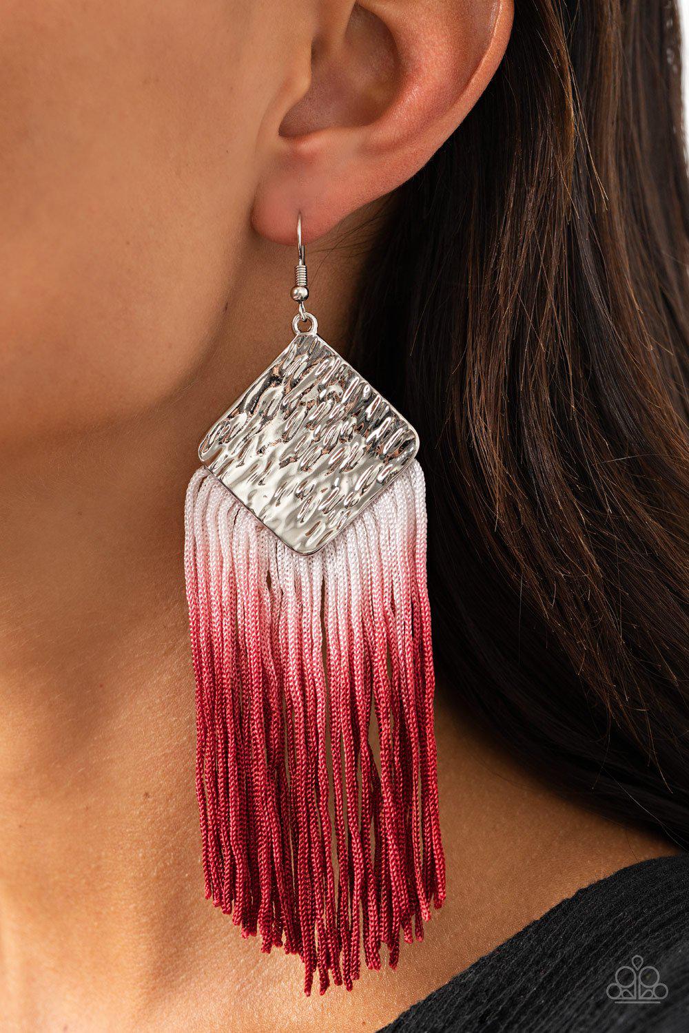 DIP The Scales Red and White Ombre Tassel Earrings - Paparazzi Accessories- on model - CarasShop.com - Paparazzi Jewelry by Cara Jewels