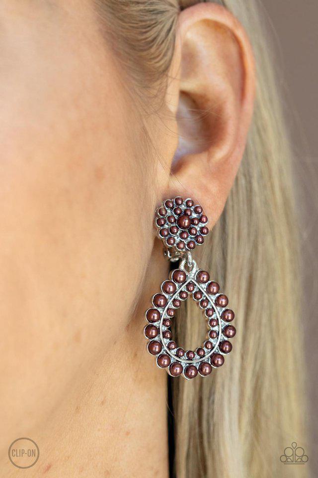 Discerning Droplets Brown Pearl Clip-on Earrings - Paparazzi Accessories- on model - CarasShop.com - Paparazzi Jewelry by Cara Jewels