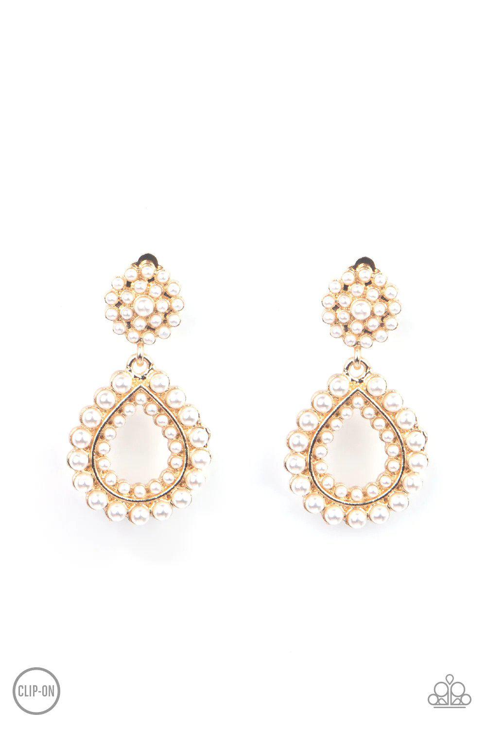 Discerning Droplets Gold & White Pearl Clip-on Earrings - Paparazzi Accessories- lightbox - CarasShop.com - Paparazzi Jewelry by Cara Jewels