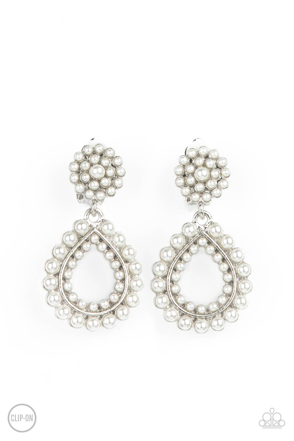 Discerning Droplets White Pearl Clip-On Earrings - Paparazzi Accessories- lightbox - CarasShop.com - Paparazzi Jewelry by Cara Jewels