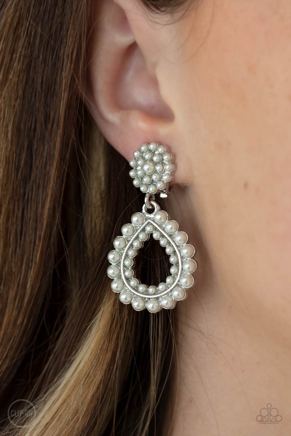 Discerning Droplets White Pearl Clip-On Earrings - Paparazzi Accessories- on model - CarasShop.com - Paparazzi Jewelry by Cara Jewels