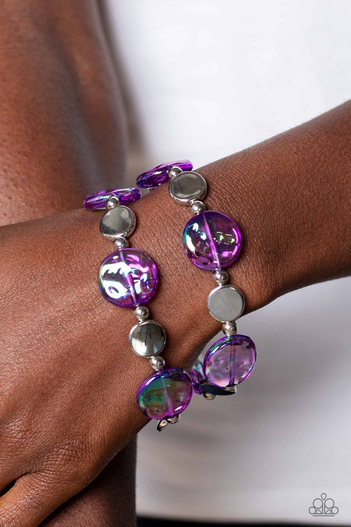 Discus Throw Purple Iridescent Bracelet - Paparazzi Accessories- on model - CarasShop.com - Paparazzi Jewelry by Cara Jewels