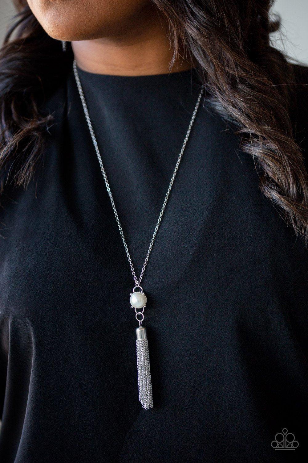 Diva Dance Party White and Silver Tassel Necklace - Paparazzi Accessories- lightbox - CarasShop.com - Paparazzi Jewelry by Cara Jewels