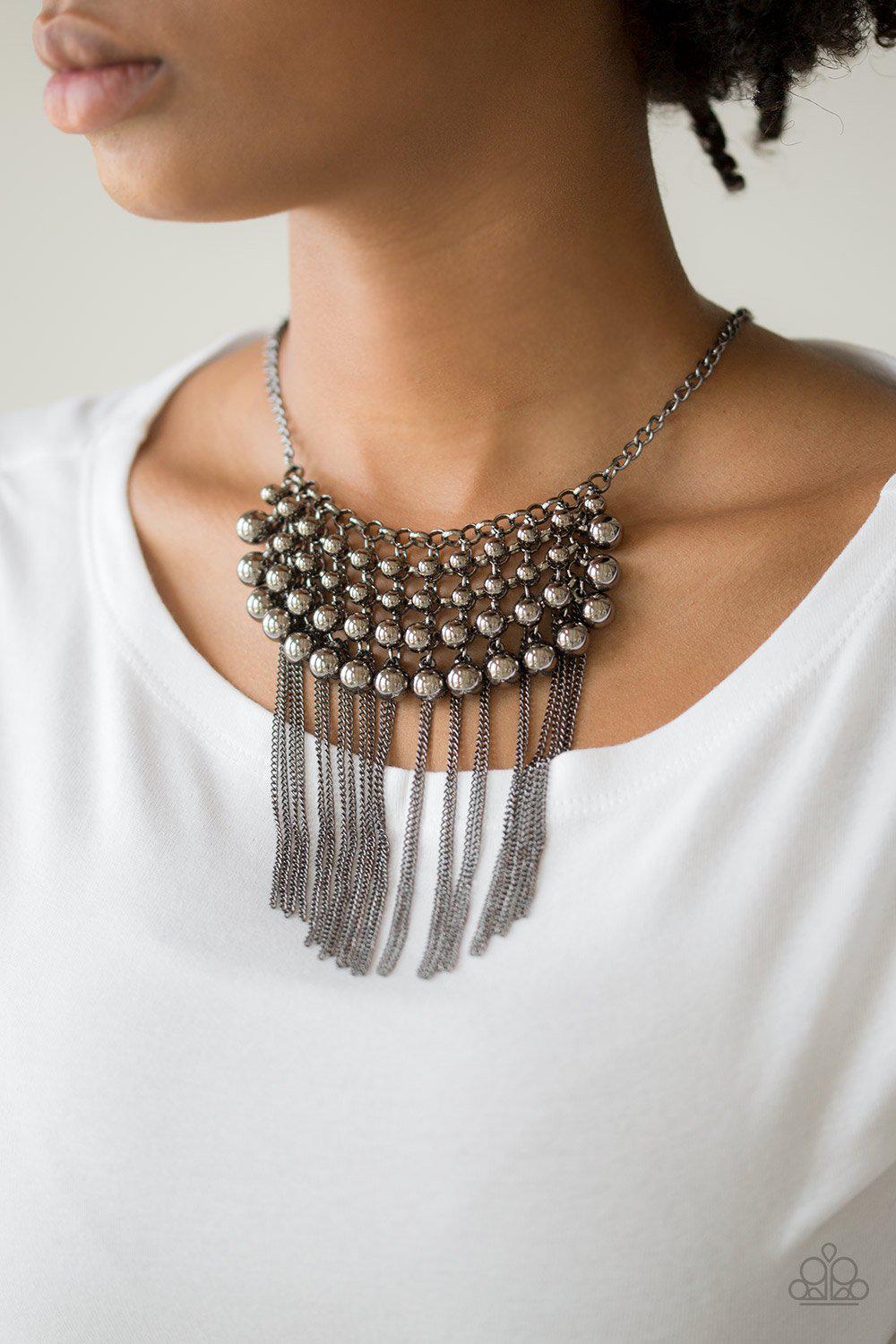 DIVA-de and Rule Gunmetal Black Fringe Necklace - Paparazzi Accessories- on model - CarasShop.com - Paparazzi Jewelry by Cara Jewels