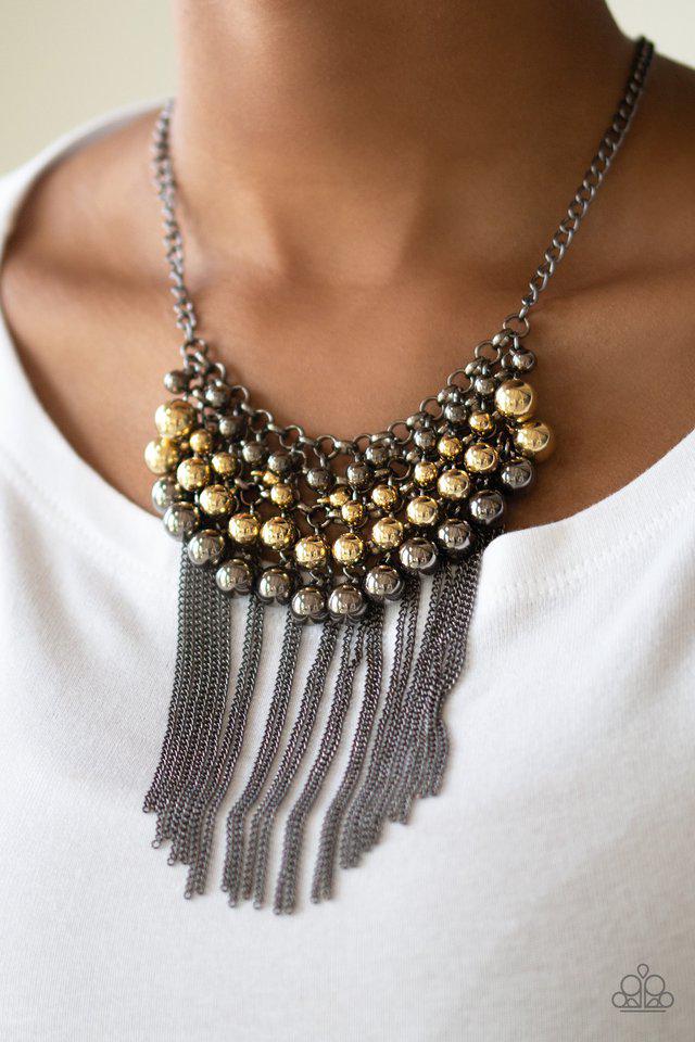 DIVA-de and Rule Multi Gold and Gunmetal Necklace - Paparazzi Accessories- on model - CarasShop.com - Paparazzi Jewelry by Cara Jewels