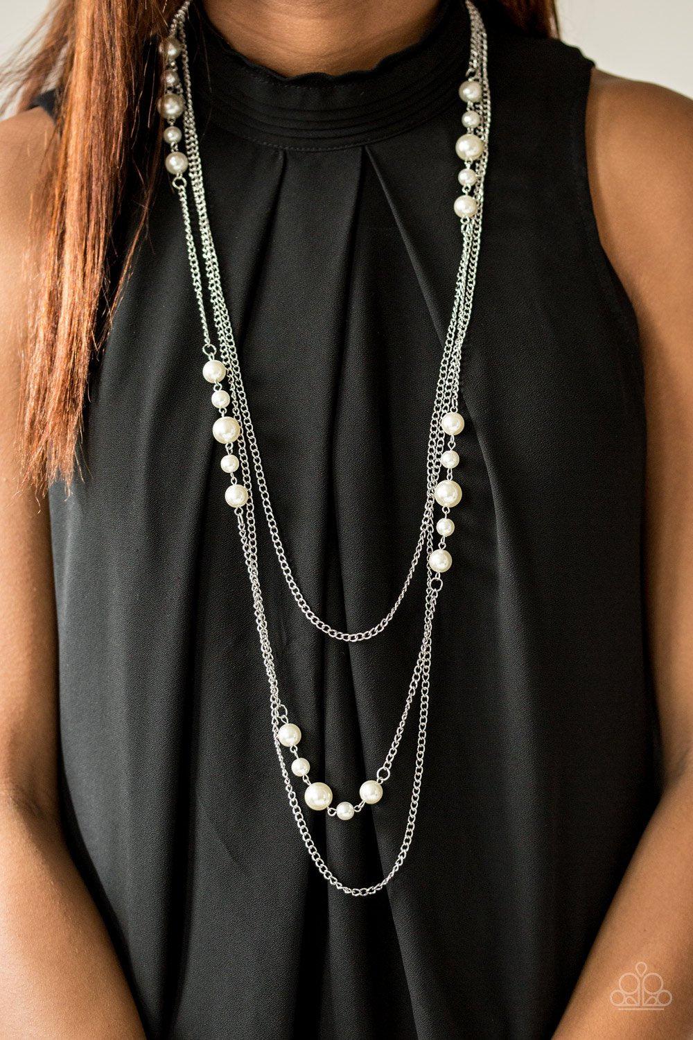 Diva Dilemma Silver and White Pearl Necklace - Paparazzi Accessories- on model - CarasShop.com - Paparazzi Jewelry by Cara Jewels