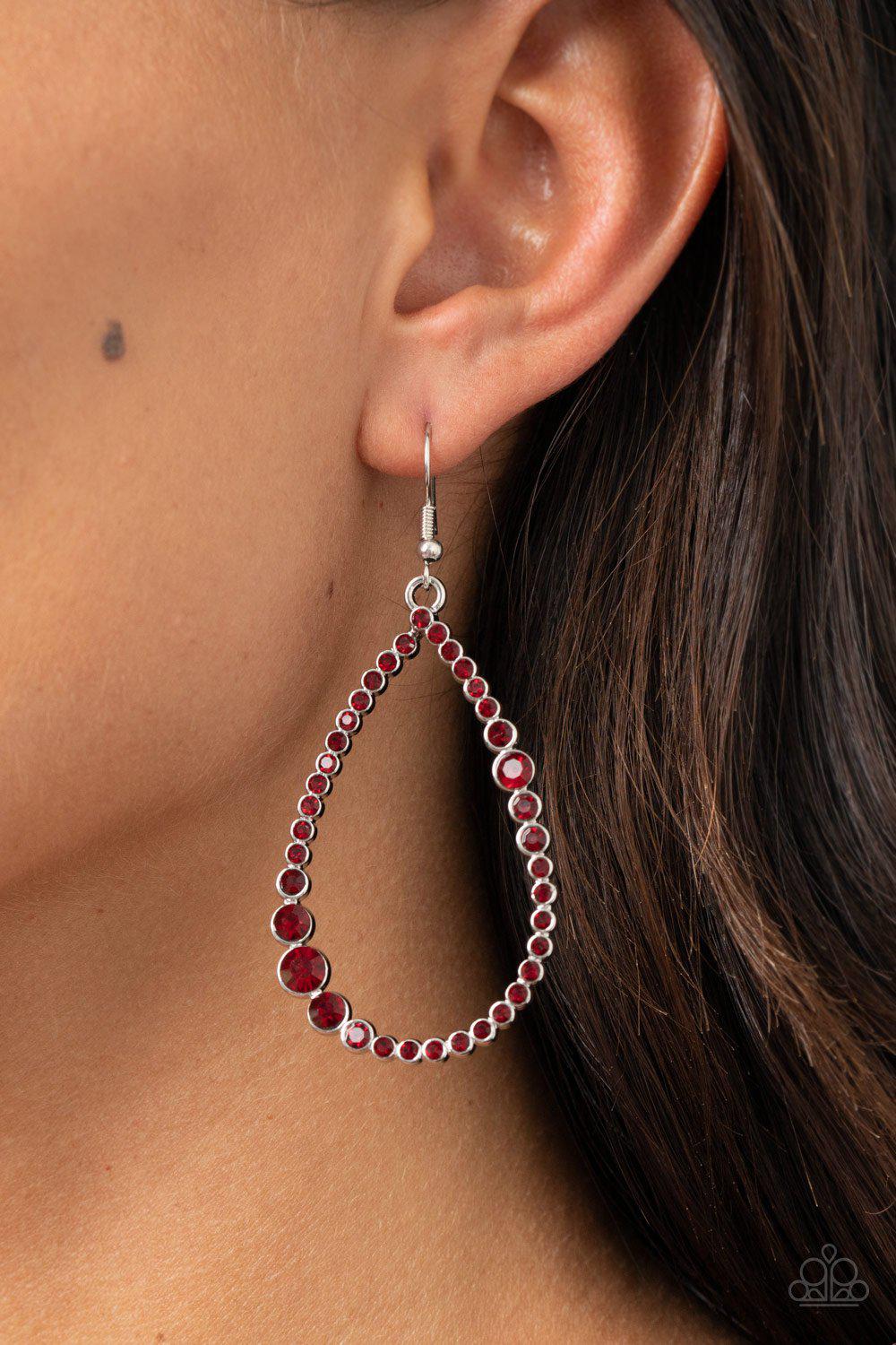 Diva Dimension Red Rhinestone Teardrop Earrings - Paparazzi Accessories- on model - CarasShop.com - Paparazzi Jewelry by Cara Jewels