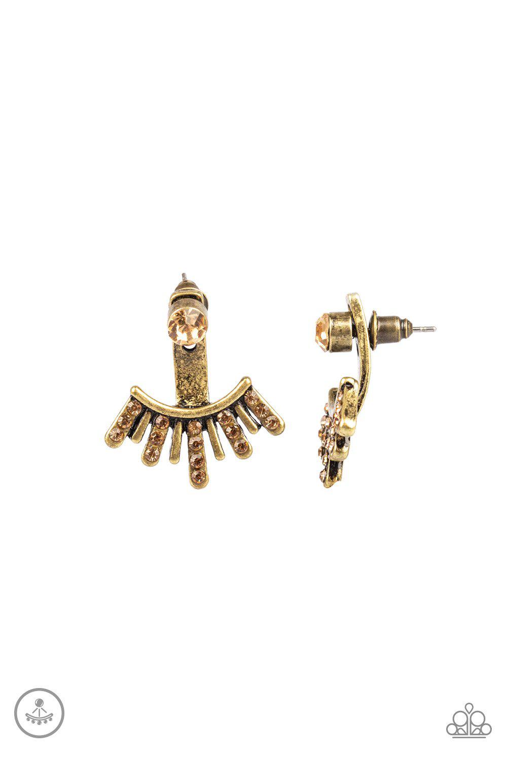 Diva Dynamite Brass Rhinestone Post Earrings - Paparazzi Accessories- lightbox - CarasShop.com - Paparazzi Jewelry by Cara Jewels