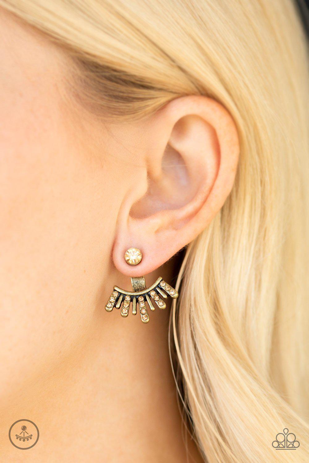 Diva Dynamite Brass Rhinestone Post Earrings - Paparazzi Accessories- on model - CarasShop.com - Paparazzi Jewelry by Cara Jewels