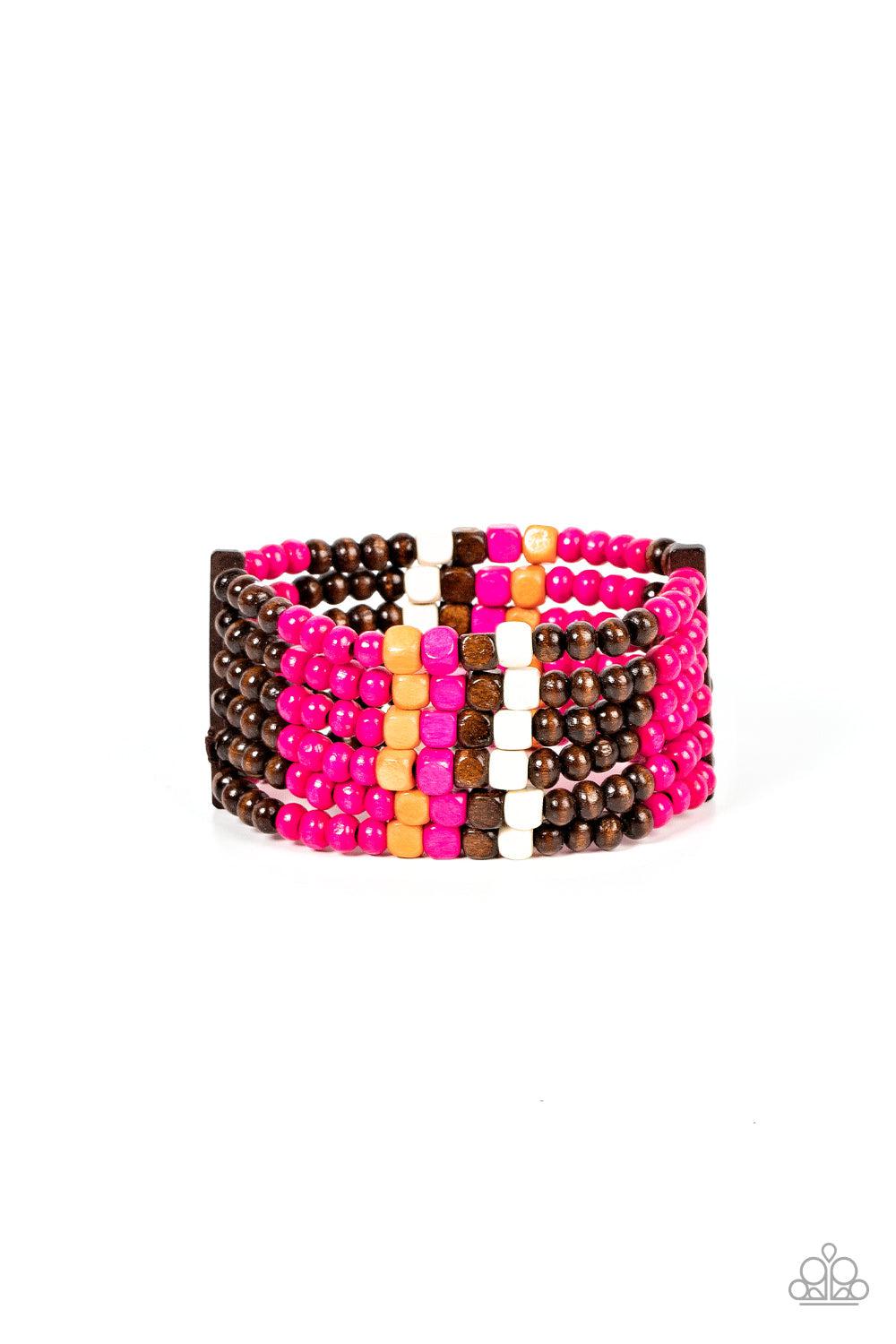 Dive into Maldives Pink & Brown Wood Bracelet - Paparazzi Accessories- lightbox - CarasShop.com - Paparazzi Jewelry by Cara Jewels