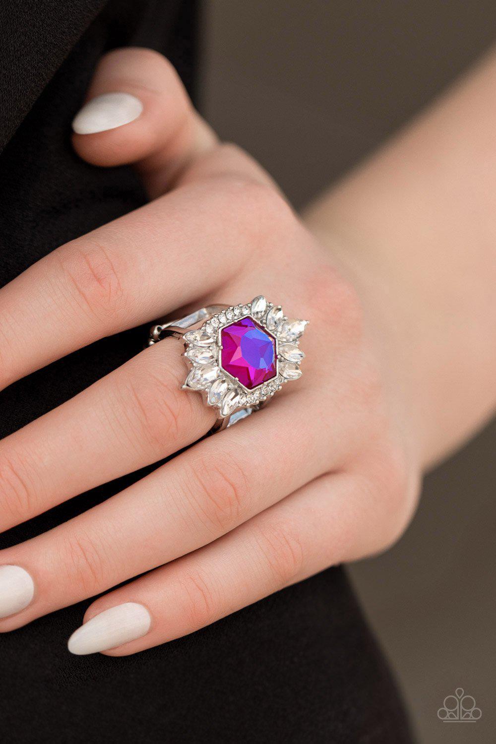Divine Intervention Pink UV Shimmer Rhinestone Ring - Paparazzi Accessories- on model - CarasShop.com - Paparazzi Jewelry by Cara Jewels