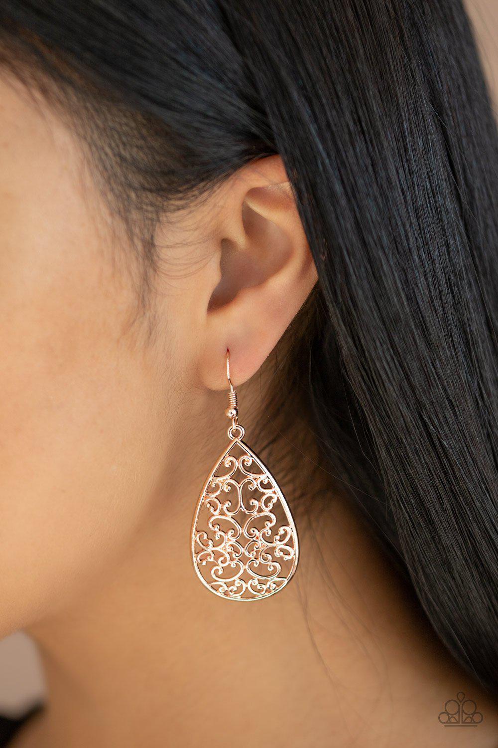Divine Vine Rose Gold Filigree Earrings - Paparazzi Accessories- on model - CarasShop.com - Paparazzi Jewelry by Cara Jewels