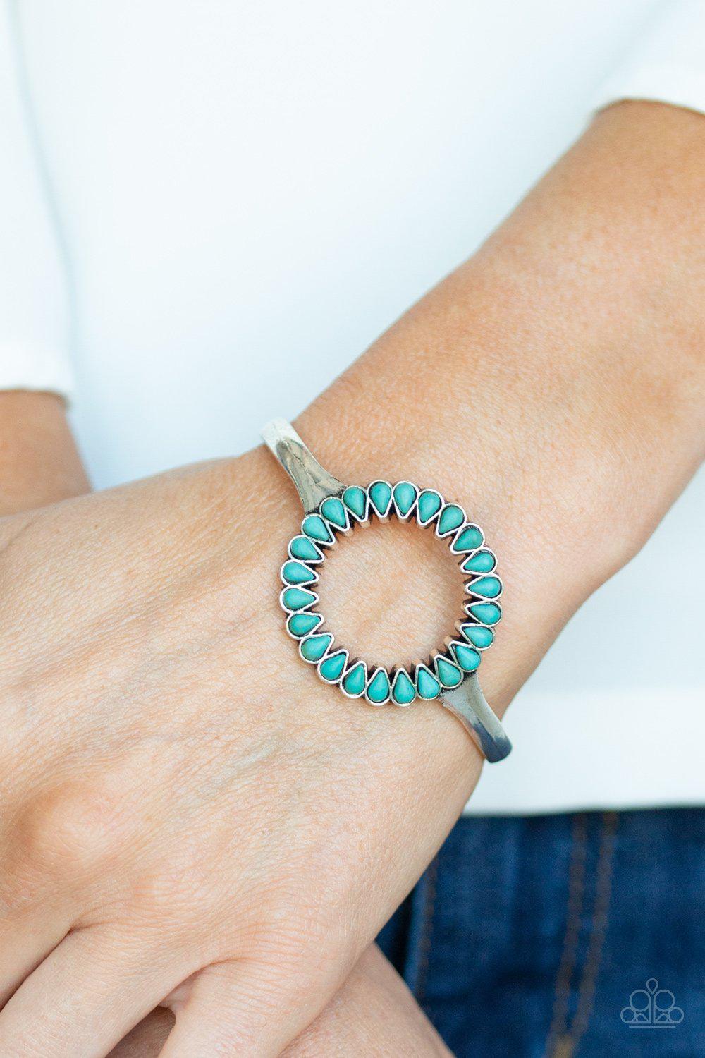 Divinely Desert Blue Cuff Bracelet - Paparazzi Accessories- on model - CarasShop.com - Paparazzi Jewelry by Cara Jewels