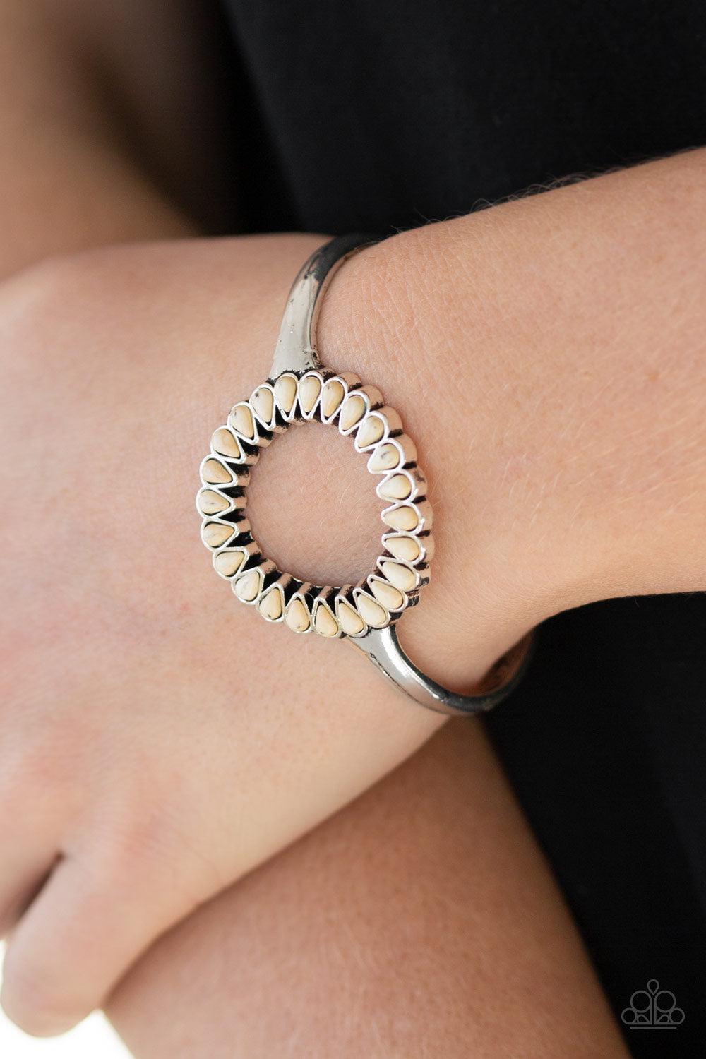 Divinely Desert White Stone Cuff Bracelet - Paparazzi Accessories- on model - CarasShop.com - Paparazzi Jewelry by Cara Jewels