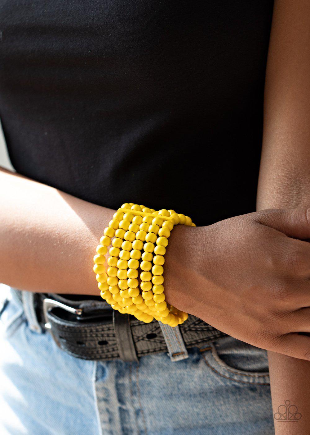 Diving in Maldives Yellow Wood Bracelet - Paparazzi Accessories- on model - CarasShop.com - Paparazzi Jewelry by Cara Jewels